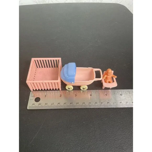 Vintage Pink & Blue Dollhouse Baby Accessories Set With Pram Crib & High Chair - Picture 4 of 6